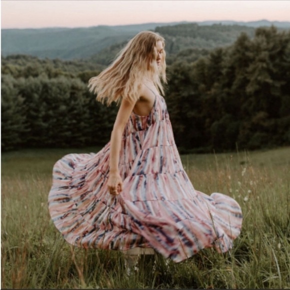 Storia Pink And Blue Gold Shimmer Watercolor Tiered Midi Dress Size M - Picture 1 of 13